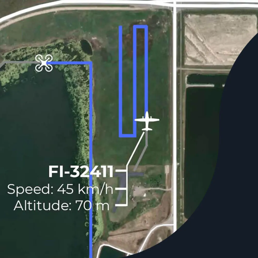 Flight Insight map showing drone FI-32411’s planned route beside an aircraft track, with speed and altitude readouts