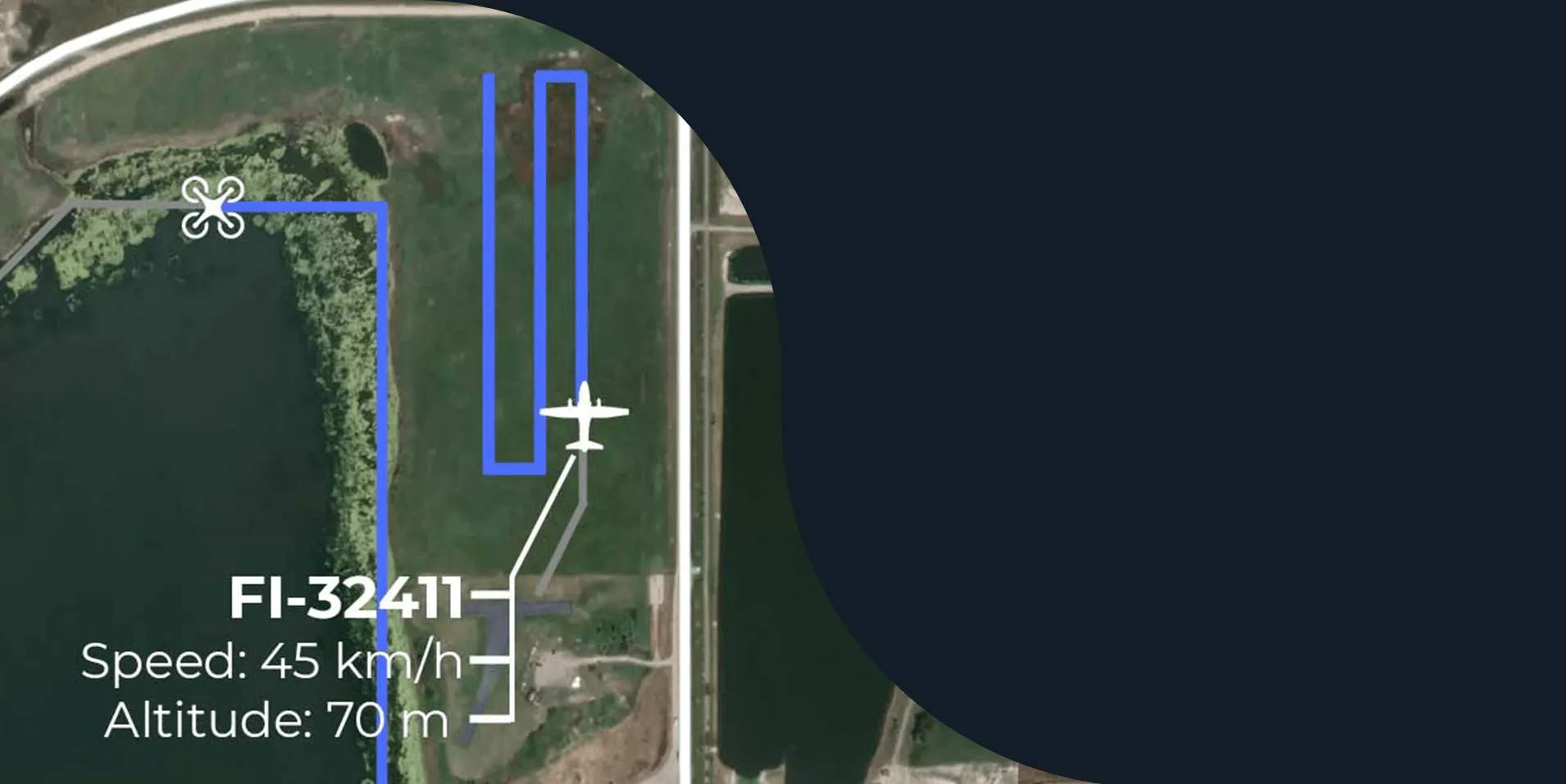 Flight Insight map showing drone FI-32411’s planned route beside an aircraft track, with speed and altitude readouts