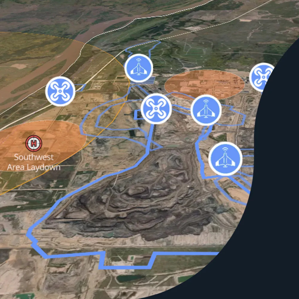 Flight Insight map of a drone’s planned route over an open-pit mine site, with drone and aircraft markers and the Southwest Area Laydown