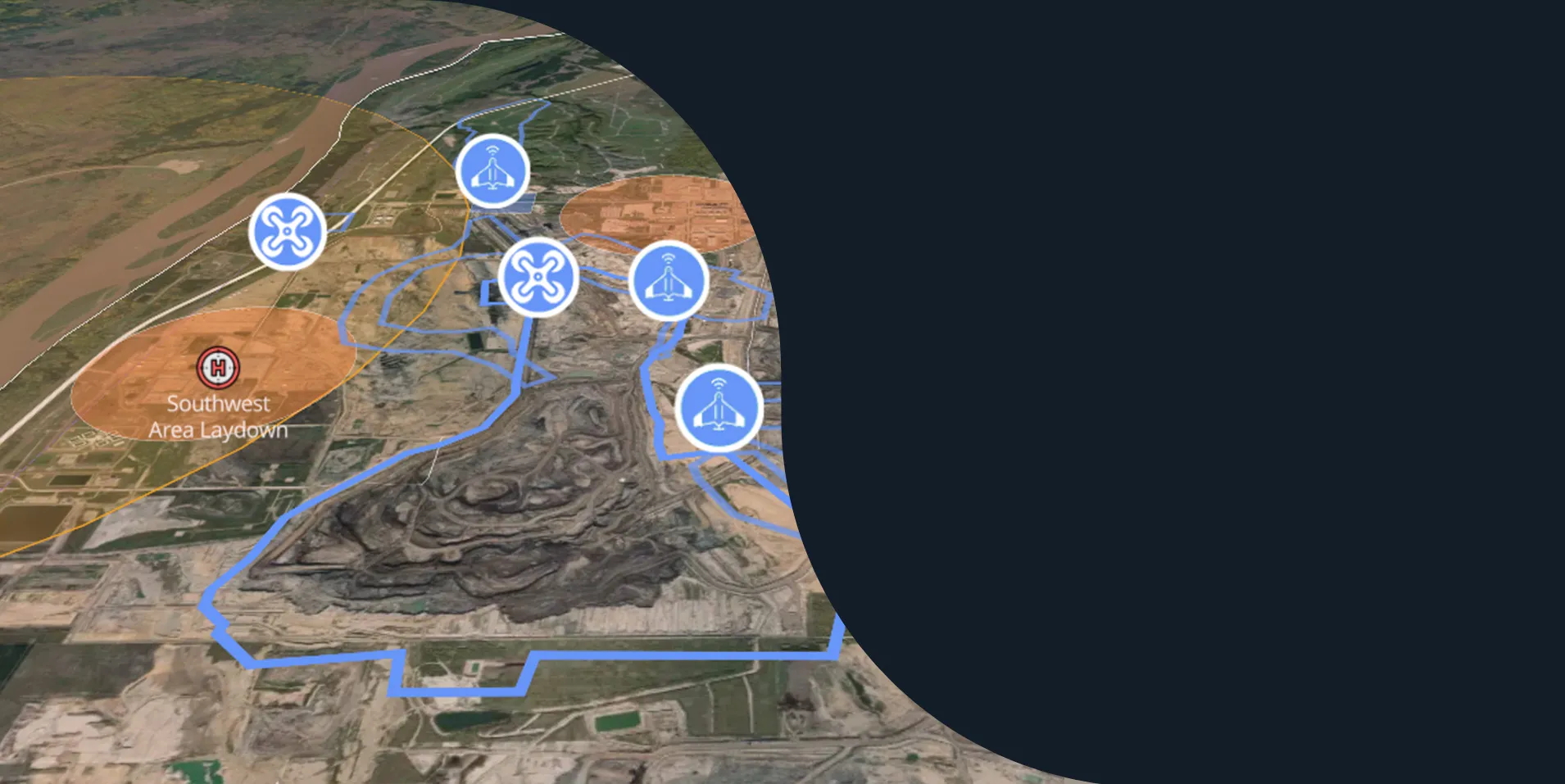 Flight Insight map of a drone’s planned route over an open-pit mine site, with drone and aircraft markers and the Southwest Area Laydown