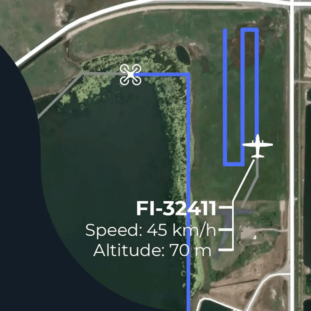 Flight Insight airspace map showing a drone's planned route beside a manned aircraft track, with live speed and altitude readouts for flight FI-32411